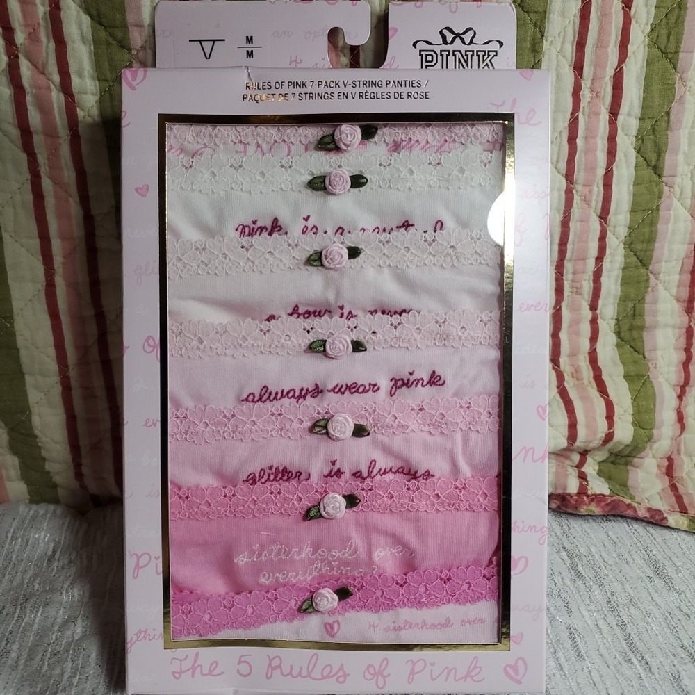 PINK M 7-Pack V-String Panties Womens Pink LoveShackFancy Rules of Pink NIB